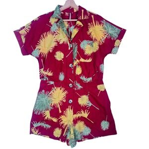Free People Red Tropical Palm Leaf Print Linen Romper S Short Sleeve Button Up
